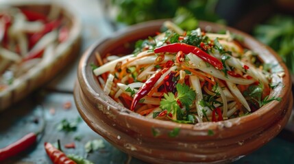 Close-up of Thai som tam salad served in a traditional clay plate, adorned with fresh herbs and chili peppers, stimulating the appetite.