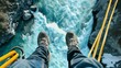 Traveler on a bungee platform, close-up on feet stepping off, rush of the river below, thrilling moment