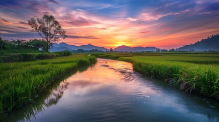 Poster - Golden hour over a tranquil river flowing through lush rice paddies, reflecting the colorful sky as the sun sets on the horizon.