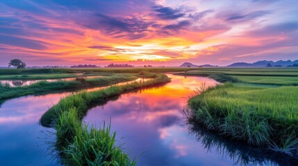 Poster - Golden hour over a tranquil river flowing through lush rice paddies, reflecting the colorful sky as the sun sets on the horizon.