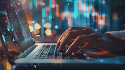 Aufkleber - Hands typing on a laptop keyboard with financial charts on the screen, highlighting digital technology and data-driven decision-making in business.