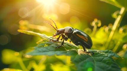 Poster - Macro shot of a beetle crawling on a leaf, its shiny exoskeleton reflecting the sunlight against the backdrop of green foliage.