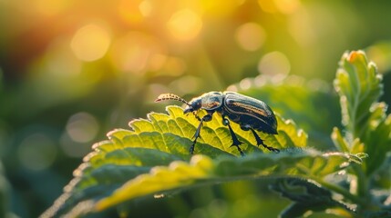 Poster - Macro shot of a beetle crawling on a leaf, its shiny exoskeleton reflecting the sunlight against the backdrop of green foliage.