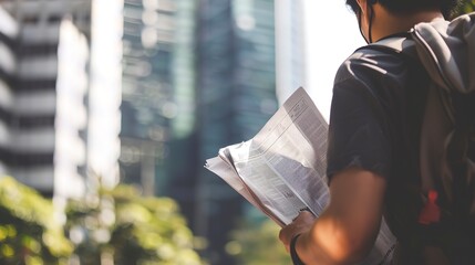 Poster - Backpacker in a quiet city park, close-up on reading a local newspaper, skyscrapers in soft focus background 