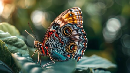 Poster - Macro shot of a butterfly resting delicately on a leaf, its wings adorned with intricate patterns and vibrant colors.