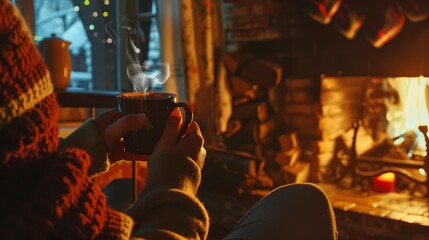 Poster - Tourist sipping hot chocolate at a cozy winter resort, close up, soft glow from fireplace, warm tones 