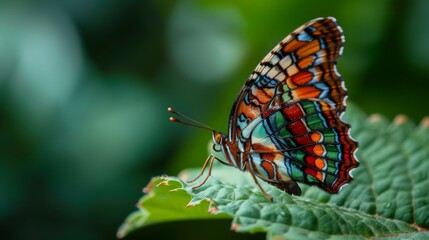 Poster - Macro shot of a butterfly resting delicately on a leaf, its wings adorned with intricate patterns and vibrant colors.