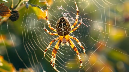 Poster - Macro shot of a spider weaving its intricate web among the leaves, capturing the beauty and complexity of nature's design.