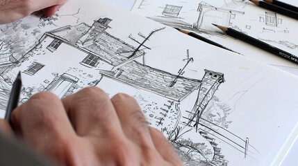 Poster - Solo tourist sketching an old countryside cottage, close-up on pencil and paper, charming architecture 