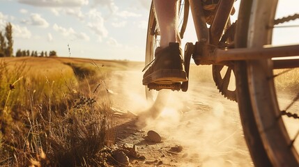 Poster - Backpacker biking on a dusty country road, close-up on spinning wheel and dusty boots, open fields