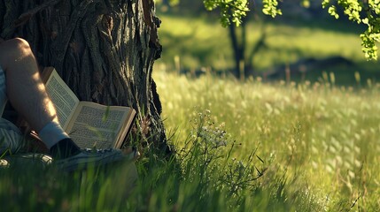 Canvas Print - Traveler reading under an old oak tree, close-up on book and glasses, sprawling green meadow 