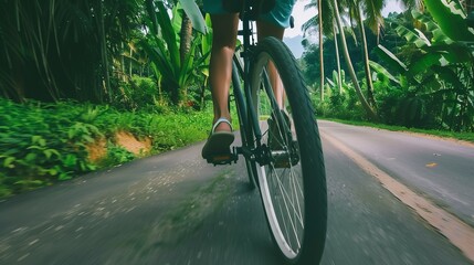 Canvas Print - Solo tourist cycling on a country road, close-up on spinning bike wheel, lush greenery on either side