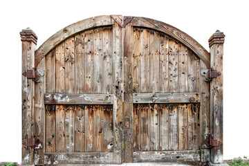 Wall Mural - Distressed wooden gates with curved tops on a transparent or white background, available as a PNG cutout with a clipping path