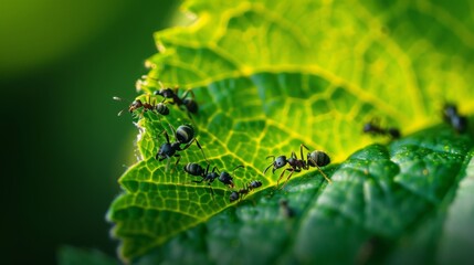 Aufkleber - Macro shot of ants crawling on a vibrant green leaf, showcasing their industrious nature and intricate world of teamwork.