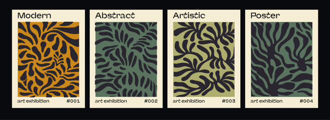 Poster - Abstract groovy floral posters in modern trendy minimal mid-century neutral style. Design template for wallpaper, wall decor, print, postcard, cover.