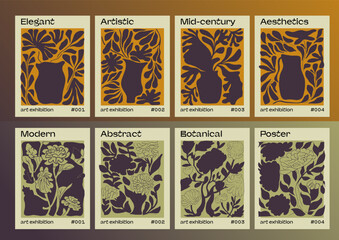 Poster - Abstract groovy floral posters in modern trendy minimal mid-century neutral style. Design template for wallpaper, wall decor, print, postcard, cover.