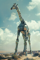 The image shows a robotic giraffe standing in the middle of a desert. The giraffe is made of metal and has a long neck. The background is a clear blue sky with some clouds.