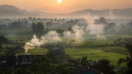 Poster - Rural village nestled among rice fields, with smoke rising from chimneys as families prepare dinner against the backdrop of the setting sun.