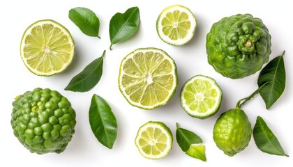 Wall Mural - Bergamot fruit cut and sliced isolated on white background seen from top view