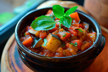 Poster - Fresh Ratatouille, a traditional French vegan vegetable stew made of eggplant, zucchini, bell pepper and tomato on wooden table