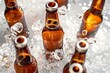 Bottles of beer with ice cubes on a gray background close up