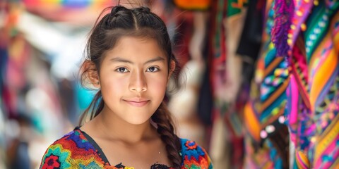 An adorable young girl in vibrant traditional wear poses with traditional textiles in the background