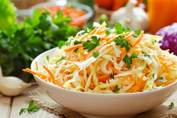 Wall Mural - Carrot and cabbage coleslaw in white bowl