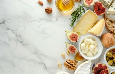 Wall Mural - Cheese figs nuts and honey on marble with copy space Top view banner