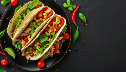 Wall Mural - Chicken and vegetable Mexican tacos seen from above