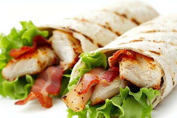 Wall Mural - Chicken wrap with bacon lettuce tomato on white background