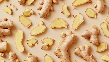 Wall Mural - Chopped ginger on beige background top view Spice for cooking herbal tea to boost immunity Natural organic ginger for health and cold protection