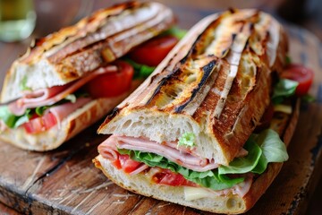 Sticker - Ciabatta sandwich with lettuce tomato ham and cheese sliced in two