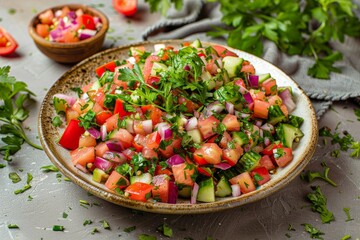 Canvas Print - Classic Arabic fattoush salad on a table Top view