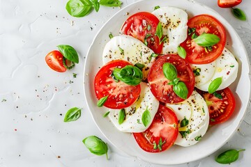 Canvas Print - Classic Italian Caprese salad with tomatoes mozzarella and basil on a marble background in a vintage white plate focus