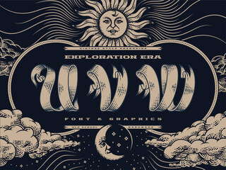 Leinwandbilder - Decorative font set Exploration Era in vintage engraving style with illustrations of a sun, sky and clouds.