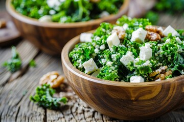 Wall Mural - Close up of a nutritious detox salad with kale quinoa feta cheese and walnuts on a wooden background Clean eating diet vegetarian food idea