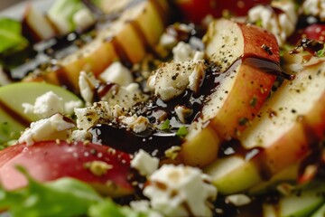 Wall Mural - Close up of salad with apples cheese balsamic dressing
