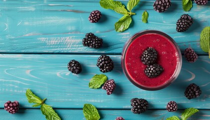 Poster - Composition of blackberry smoothie on blue wooden background in a flat lay style