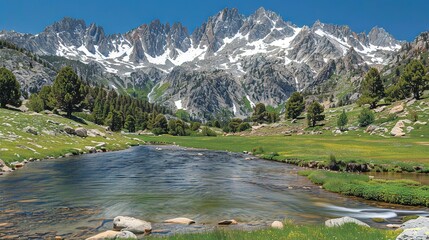 Poster -   A lush green river flows through a verdant field and is adjacent to a hillside covered in snow, with capped mountain peaks in the distance