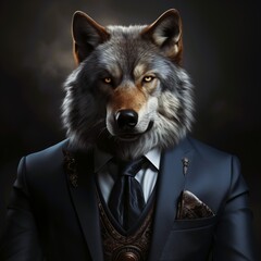 Poster - AI generated illustration of a gray wolf in a business suit