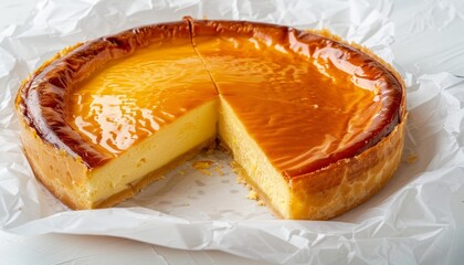 Wall Mural - Delicious French custard pie a delightful classic dessert on a white background