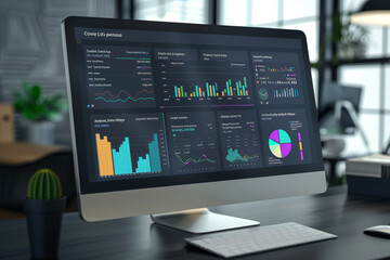 Poster - A computer monitor displays a number of graphs and charts