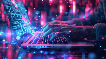 Poster - A person is typing on a laptop with a colorful background