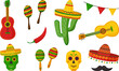 Cinco de Mayo party, mexican fiesta vector icon. Guitar and sombrero, cactus and maraca, garland, pepper, skull, mustache. Mexico, latino, spanish holiday sticker set. Cartoon illustration