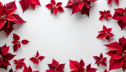 Poster - Flat lay of red poinsettia flowers against white background with blank space for text