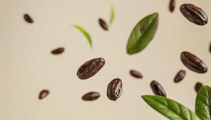 Poster - Floating Tonka beans and green leaves levitate on a light background perfect for pastry confectionery cooking baking and aroma Ideal for modern healthy food