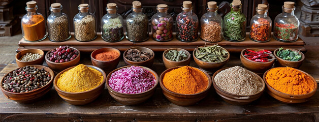 Wall Mural - wide panoramic food banner background image, colorful and delicious spices in dishes and jars with traditional grinding tools on a wooden table    