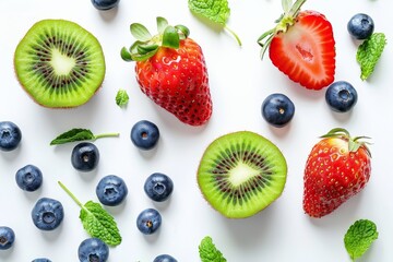 Wall Mural - Fresh strawberries blueberries and kiwi from above on white surface