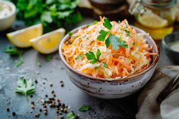 Poster - Freshly shredded cabbage and grated carrot in bowl with homemade mayo dressing and lemon wedges selective focus on salad