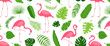 Palm leaf and flamingo seamless pattern, tropical tree and swan background, jungle plant, exotic foliage and bird print. Cartoon summer floral and animal textile. Hawaiian vector illustration